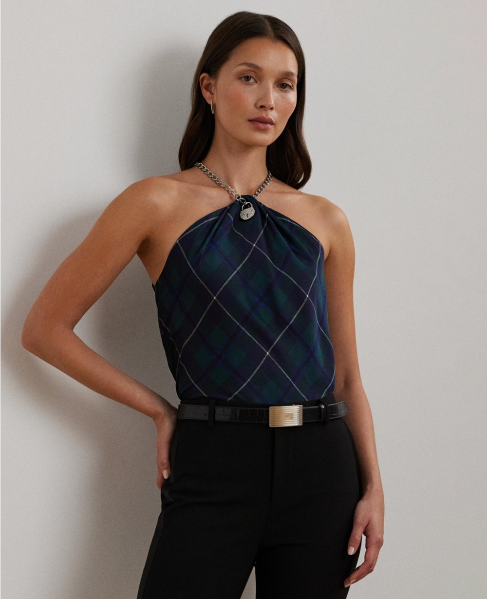 Lauren Ralph Lauren Plaid Chain Trim Charmeuse Halter Blouse Blue Multi Size L